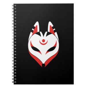 Japanese Kitsune Fox Mask on Black Spiral Notebook