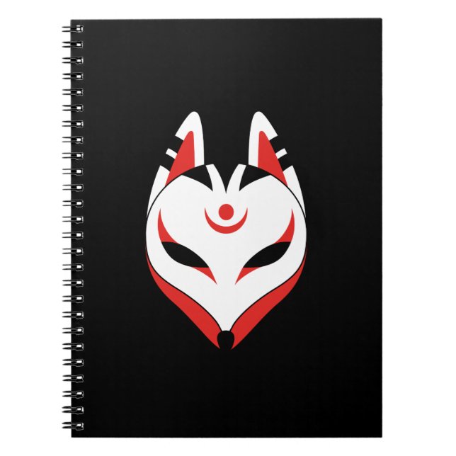 Japanese Kitsune Fox Mask on Black Spiral Notebook (Front)