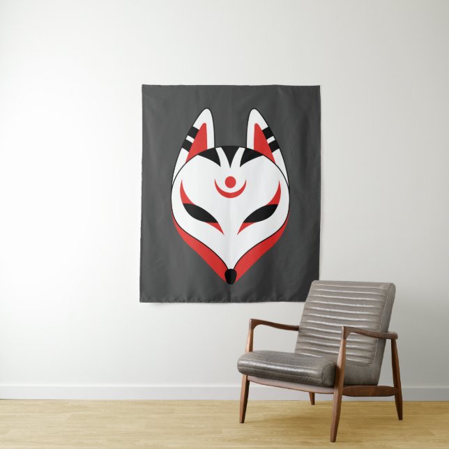 Japanese Kitsune Fox Mask on Dark Grey Tapestry (In Situ)