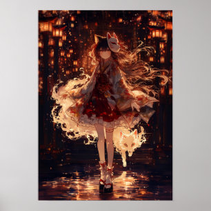 Japanese Kitsune Miko Anime Fantasy Night Festiva Poster