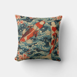 Japanese Koi Fish & Cherry Blossom— Ukiyo-e Wave Cushion