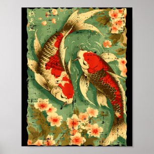 Japanese Koi Fish Cherry Blossoms Sakura Art Men W Poster