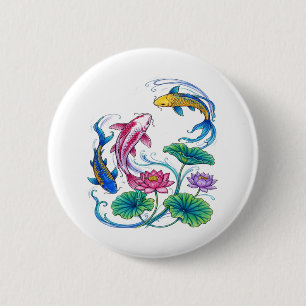 Japanese Koi Fish Lotus Mandala Traditional Style 6 Cm Round Badge