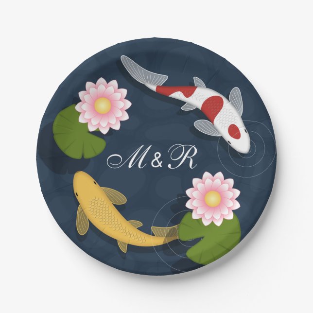 Japanese Koi Fish Monogram Initials Paper Plate (Front)
