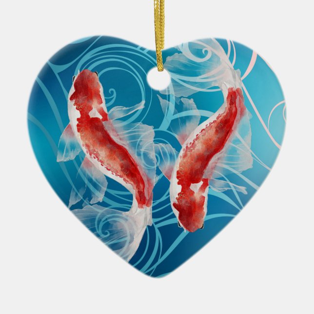 Japanese Koi Fish Oriental Waves Couples Christmas Ceramic Tree Decoration (Front)