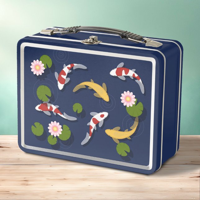 Japanese Koi Fish Pond on Blue Metal Lunch Box (Creator Uploaded)
