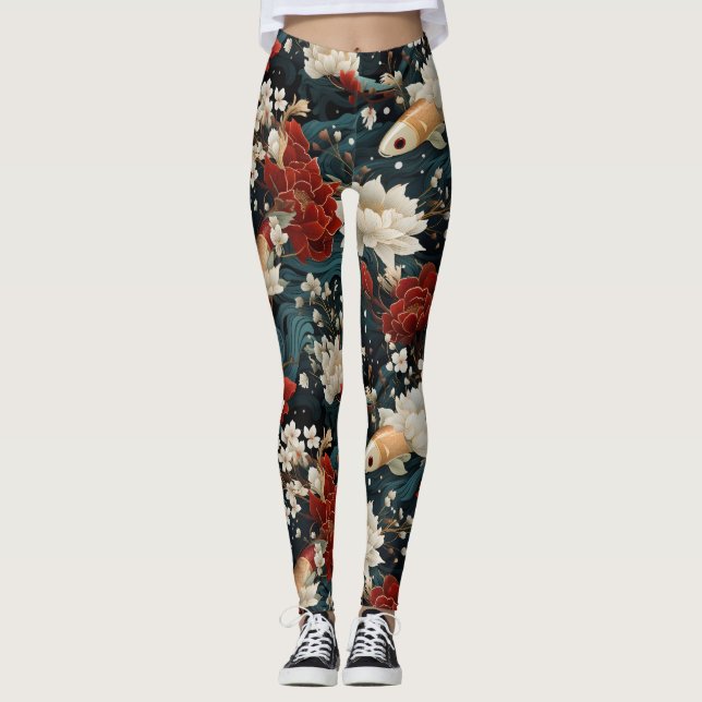 Japanese Koi Fish Seamless Pattern Leggings (Front)
