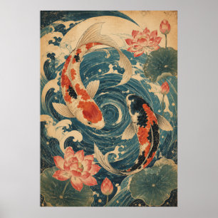 Japanese Koi Fish Wave Poster Vintage Red Sun Wa