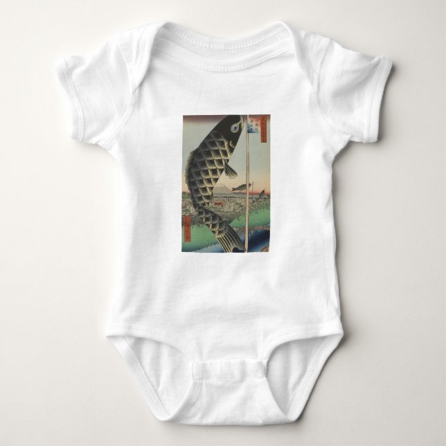 Japanese Koi Hiroshige Fish Festival Flag Baby Bodysuit (Front)