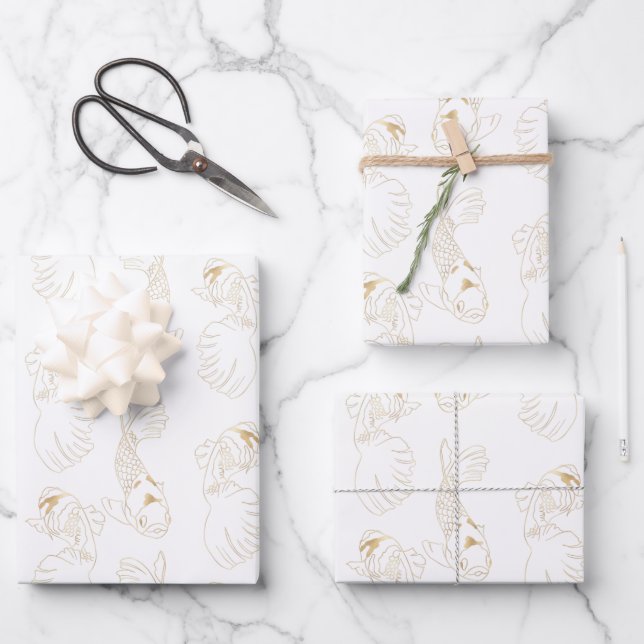 Japanese Koi In White and Gold  Wrapping Paper Sheet (Front)
