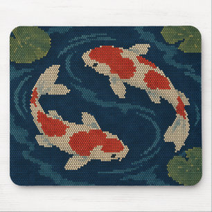 Japanese Koi Pond Red White Fish Pixel Art Mouse Pad