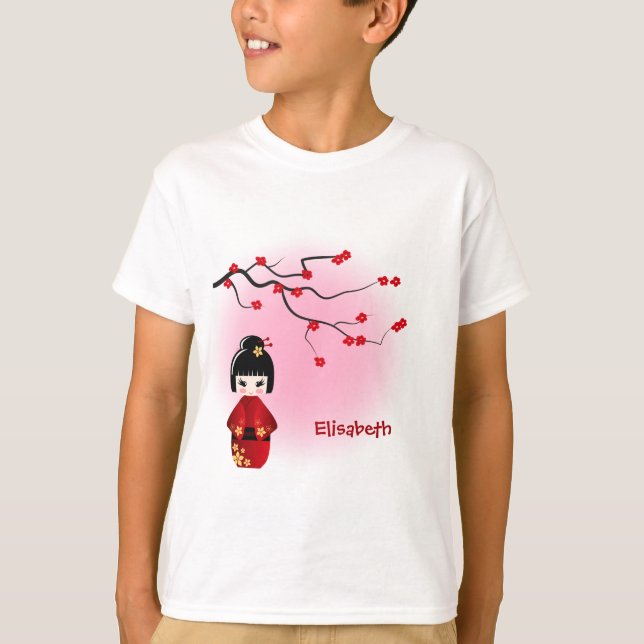 Japanese kokeshi doll at pink sakura name girls T-Shirt (Front)