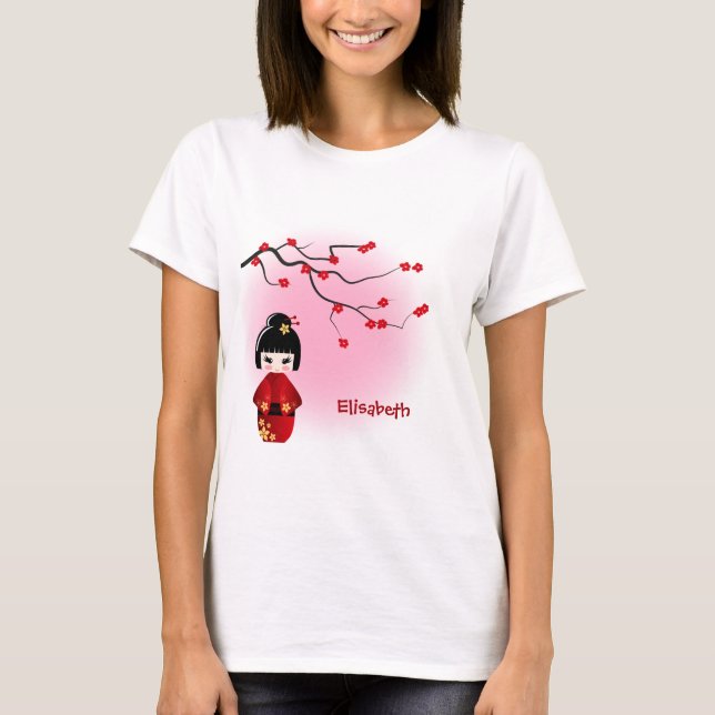 Japanese kokeshi doll at sakura blossoms name T-Shirt (Front)