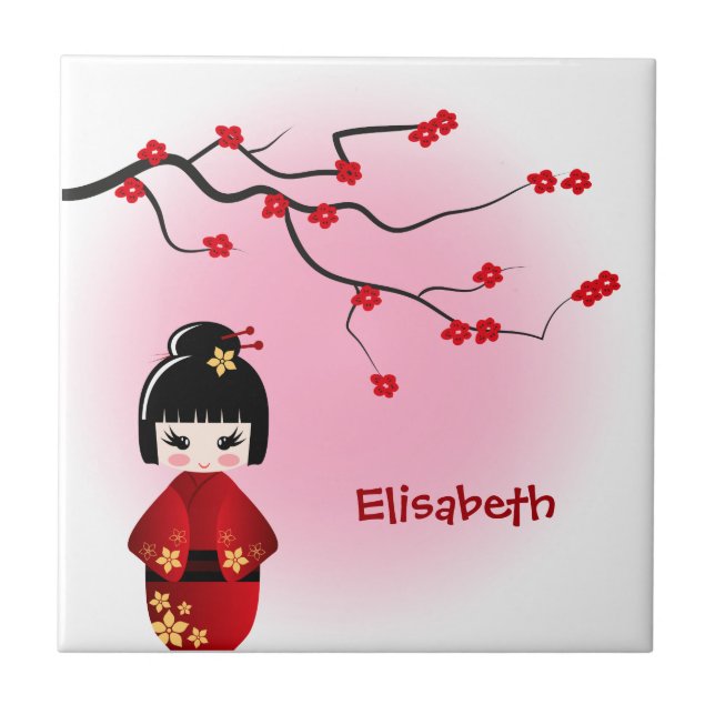 Japanese kokeshi doll at sakura blossoms tile (Front)