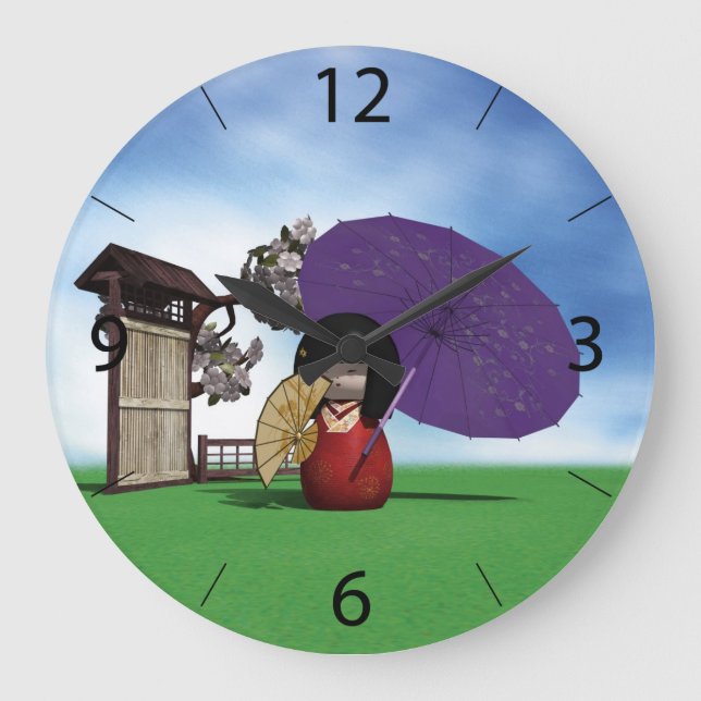 Japanese Kokeshi Doll Cherry Blossom Art Large Clock (Front)