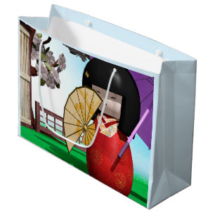 Japanese Kokeshi Doll Cherry Blossom Art Large Gift Bag