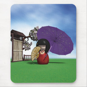 Japanese Kokeshi Doll Cherry Blossom Art Mouse Pad