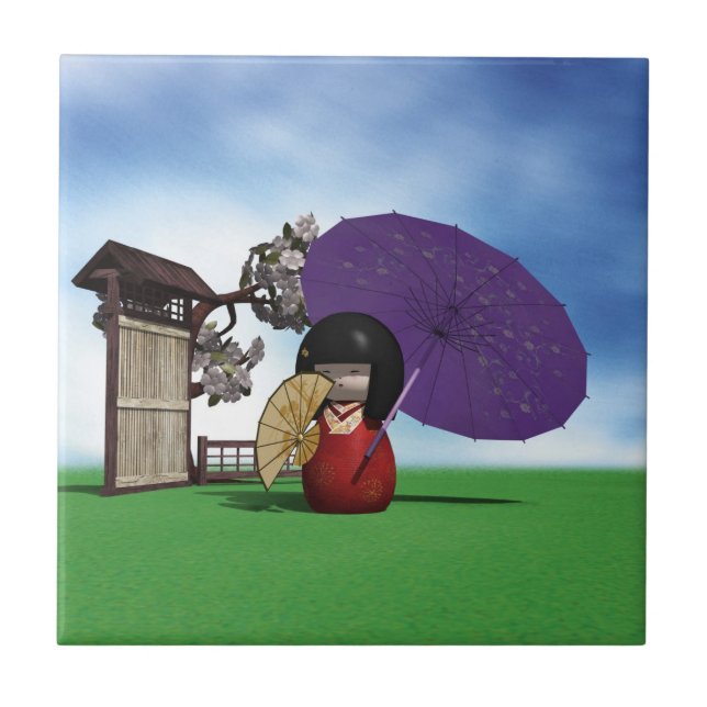 Japanese Kokeshi Doll Cherry Blossom Art Tile (Front)