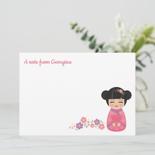 Japanese Kokeshi Doll Personalised Flat Note Card (Standing Front)