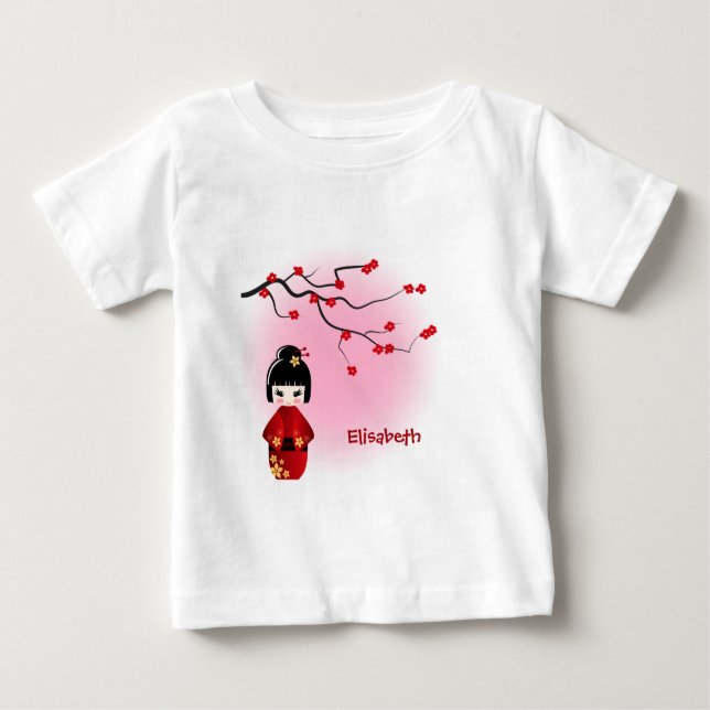 Japanese kokeshi doll sakura name baby girl shirt (Front)