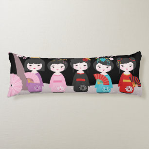 Japanese Kokeshi Dolls Black Body Cushion