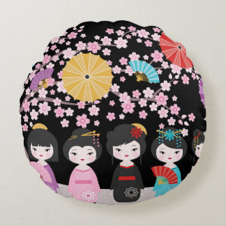 Japanese Kokeshi Dolls Black Round Cushion