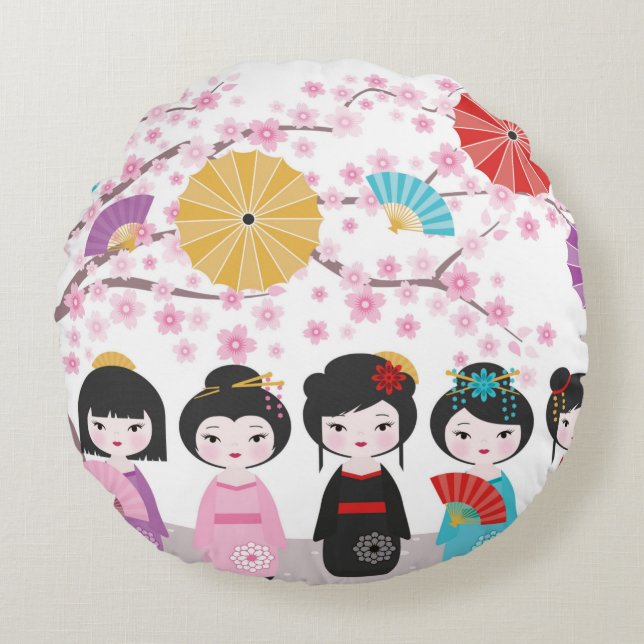 Japanese Kokeshi Dolls Round Cushion (Front)