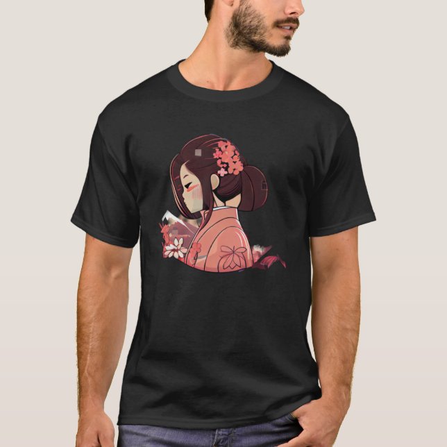 Japanese Lady mountain range with cherry blossom T-Shirt (Front)