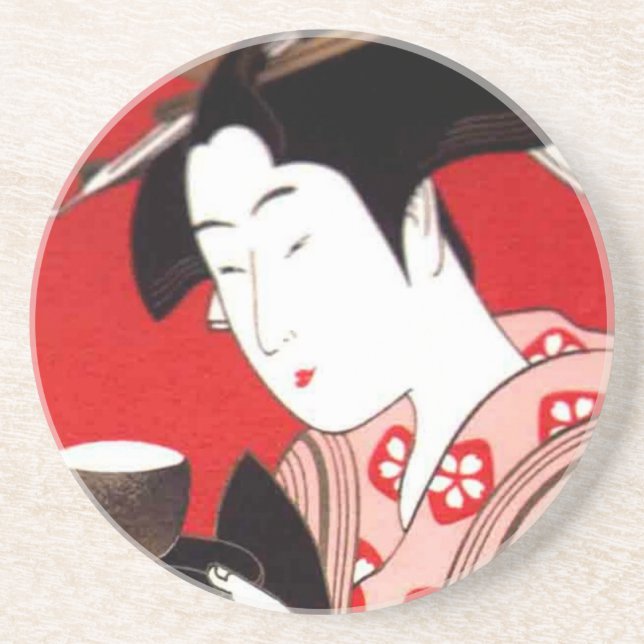 Japanese Lady Tea Serving Ceremony Art Print Coaster (Front)