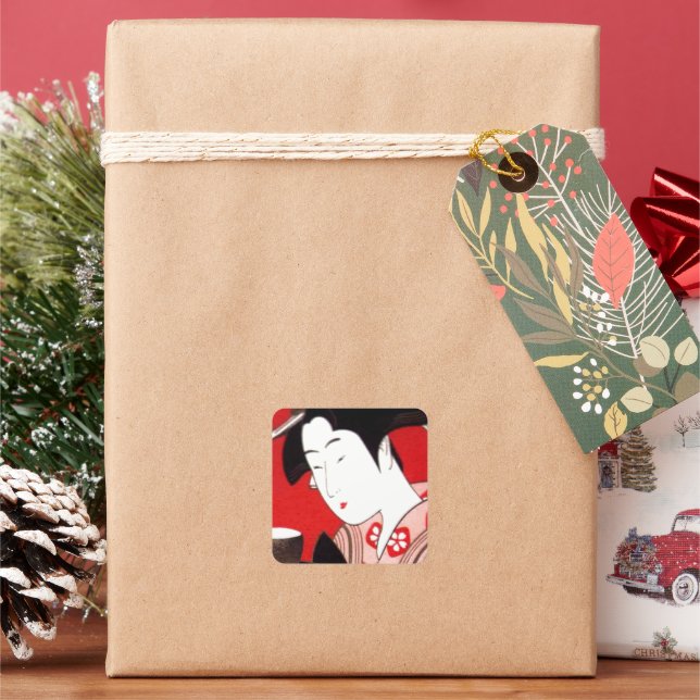 Japanese Lady Tea Serving Ceremony Art Print Square Sticker (Holiday)