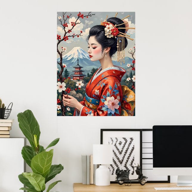 Japanese Lady with Mount Fuji Poster (Home Office)
