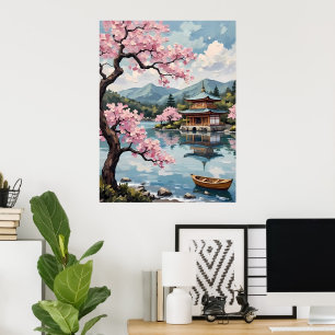 Japanese Lake with Cherry Blossoms Poster