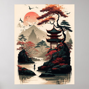 Japanese Landscape Art Print – Zen Temple