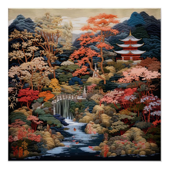  Japanese Landscape Art: Waterfall and Village Poster (Front)