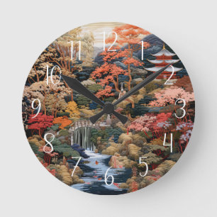 Japanese Landscape Art: Waterfall and Village Round Clock