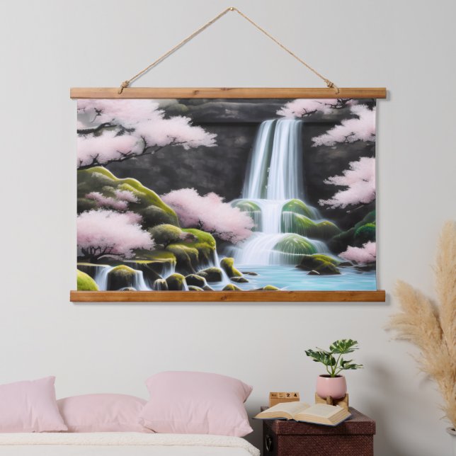Japanese Landscape Cherry Blossoms And Waterfall Hanging Tapestry (Bedroom)