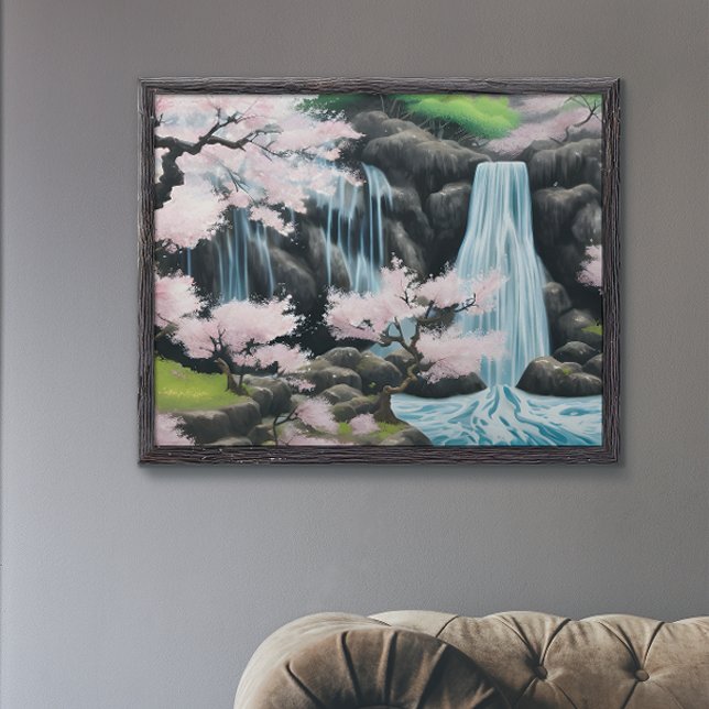 Japanese Landscape Cherry Blossoms And Waterfall Poster (Creator Uploaded)