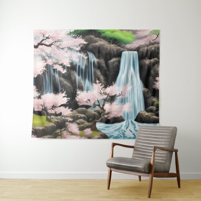 Japanese Landscape Cherry Blossoms And Waterfall Tapestry (In Situ (Horizontal))