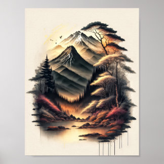 Japanese landscape ink drawing with volcano poster
