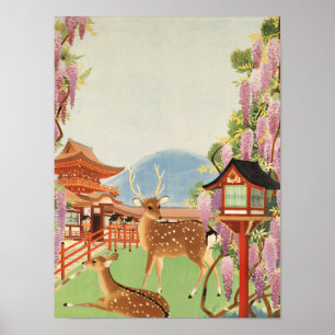 JAPANESE Landscape   sacred deer of Nara    temple Poster