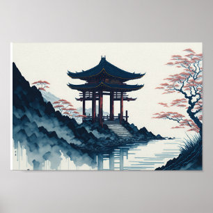 Japanese landscape wth pagoda poster