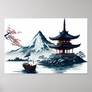 Japanese landscape wth pagoda poster