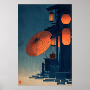 Japanese Lantern Night Scene Wall Art Rainy Street