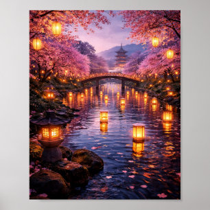 Japanese Lantern River Cherry Blossom Poster