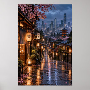 Japanese Lantern Street Cherry Blossom Night Wall Poster
