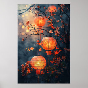 Japanese Lanterns at Night – Warm Watercolor Art Poster