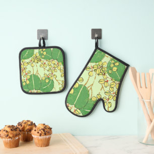 Japanese Leaf Floral Botanical Art Pattern Oven Mitt & Pot Holder Set