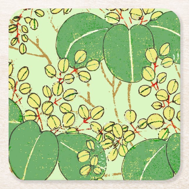 Japanese Leaf Floral Botanical Art Pattern Square Paper Coaster (Front)