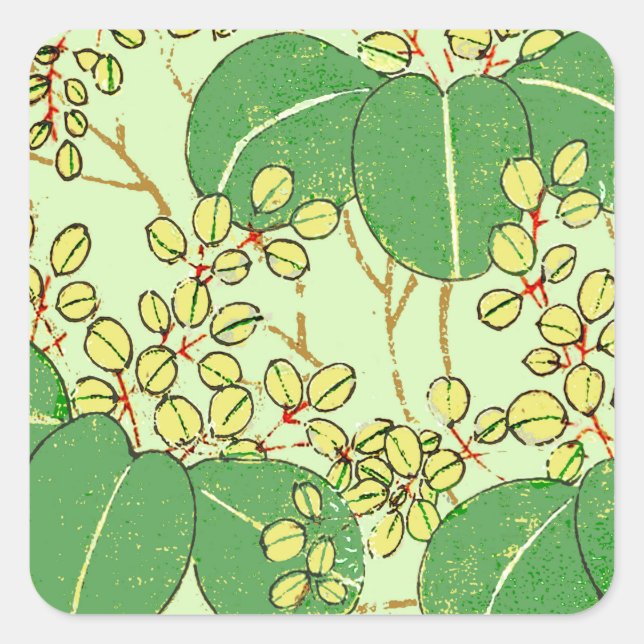 Japanese Leaf Floral Botanical Art Pattern Square Sticker (Front)