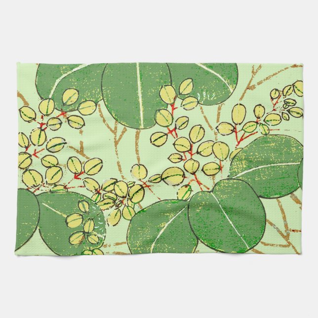Japanese Leaf Floral Botanical Art Pattern Tea Towel (Horizontal)